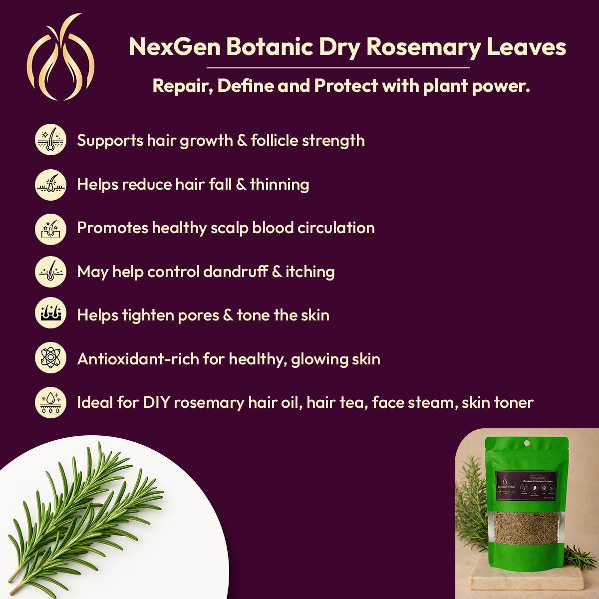 Dry Rosemary Leaves for Hair and Skin 100 G - NexGen Botanic
