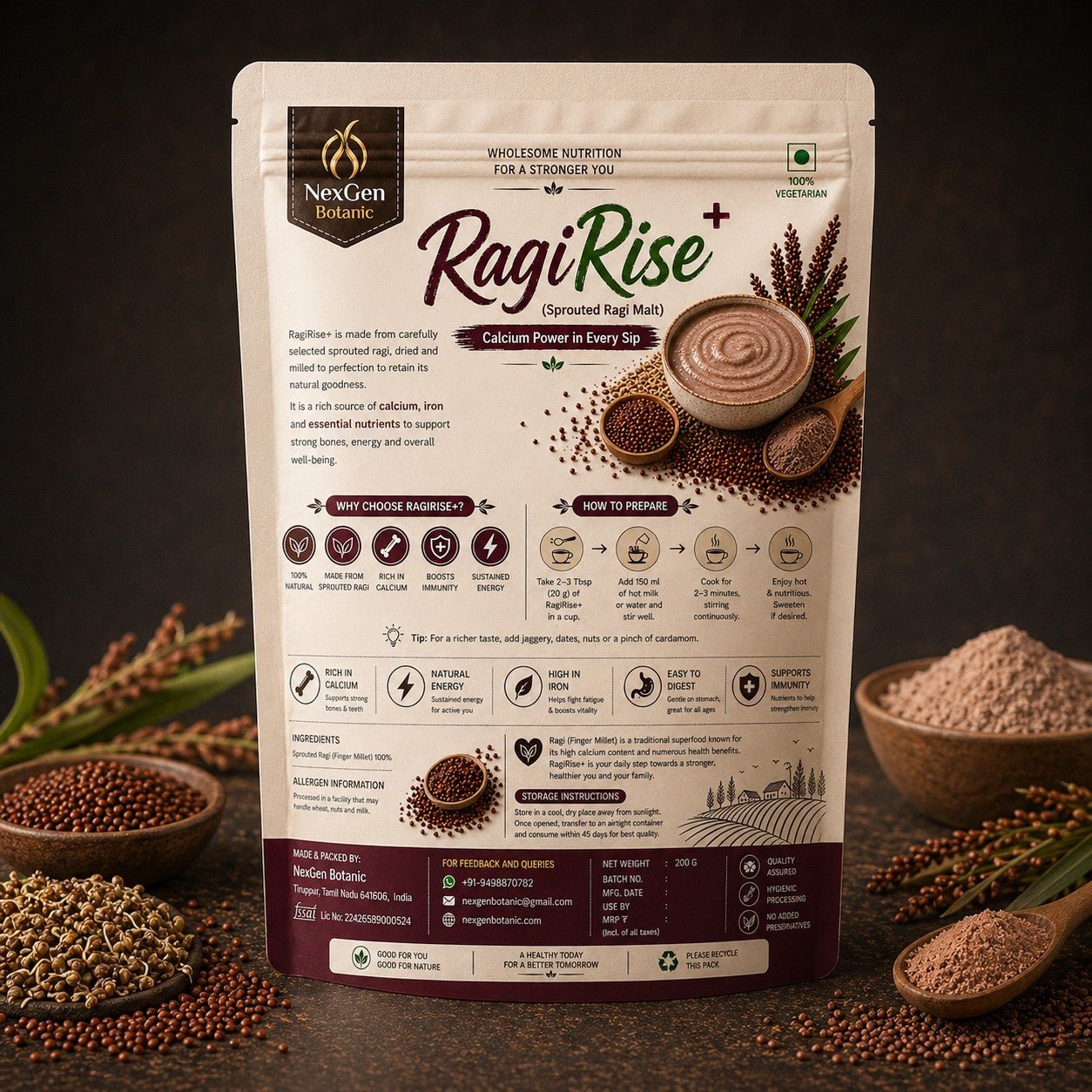 米・雑穀・粉類 Reiwa7 2025Oita Grown Nicomaru BrownRice Ragi Rise+ – Traditional Sprouted Ragi Malt Mix – NexGen Botanic